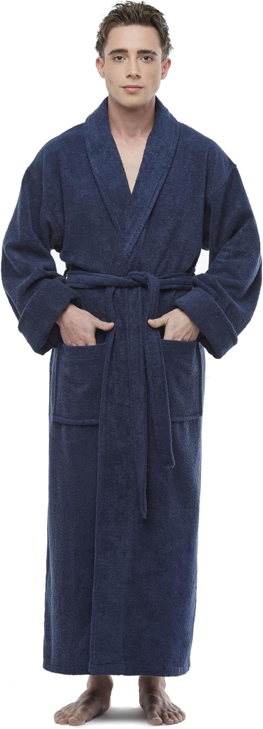 ESKYMODE Mens Cotton Bathrobe Ankle Length Long Men’s Terry Cloth Bath Robe