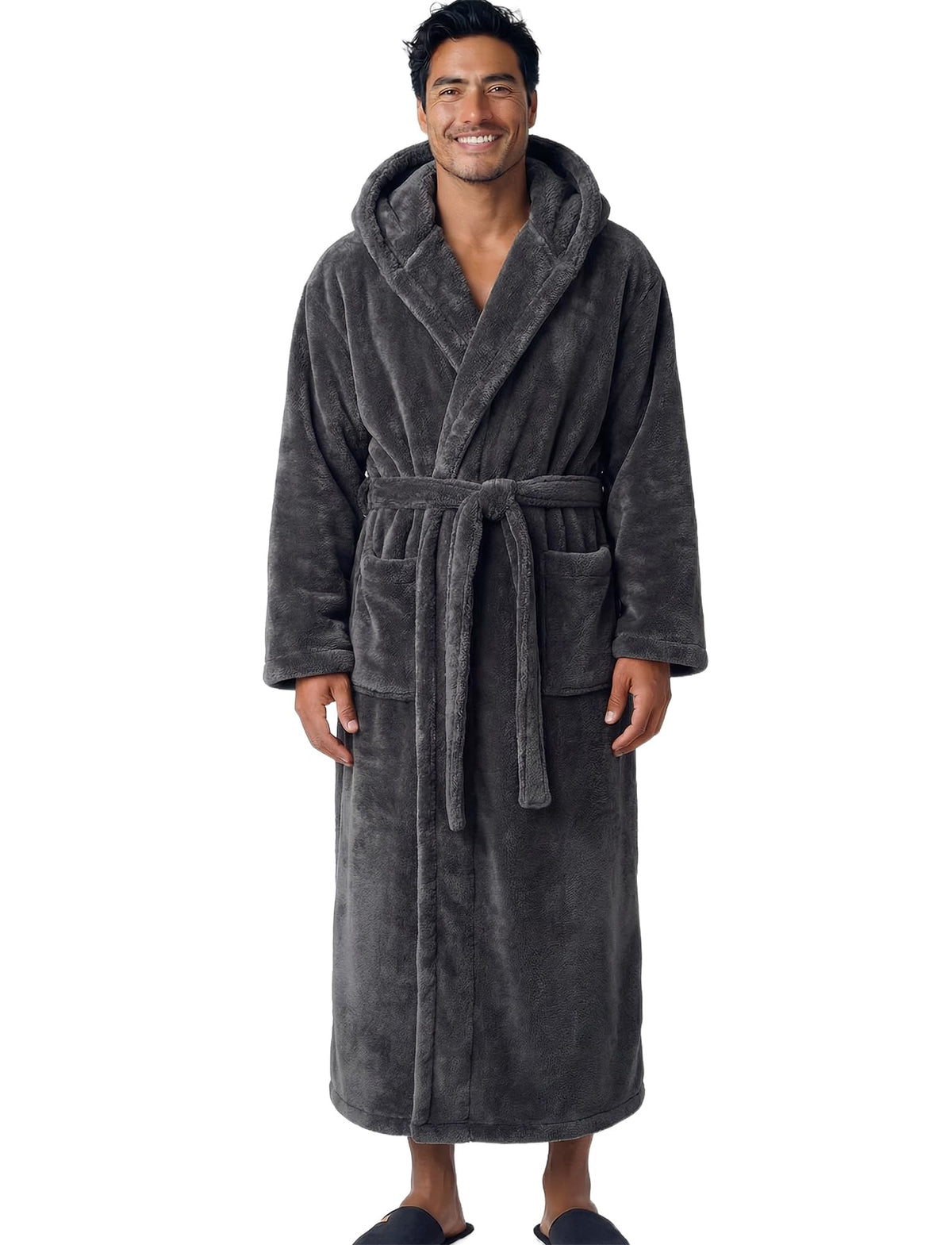 Men's Plush Fleece Hooded Robe with Pockets, Long Bathrobe
