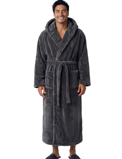 Men's Plush Fleece Hooded Robe with Pockets, Long Bathrobe