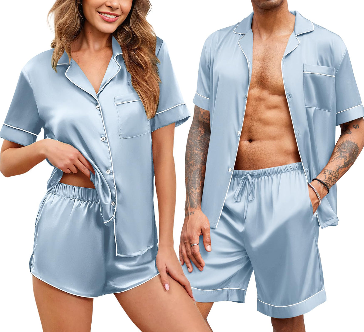 Ekouaer Couple Matching Pajamas Sets Silk Satin Button Sleepwear S-XXL