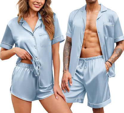 Ekouaer Couple Matching Pajamas Sets Silk Satin Button Sleepwear S-XXL