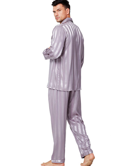 Lonxu Pajamas Set Mens Silk Satin Pajamas Long Sleeve Loungewear Two-Piece Sleepwear Button-Down Pj Set S-XXXXL