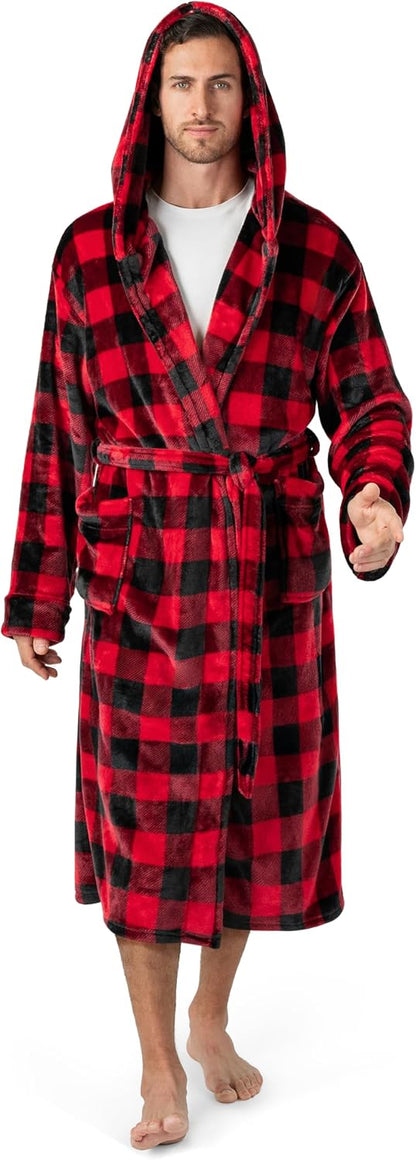 PAVILIA Mens Fleece Robe, Hooded Bathrobe with Shawl Collar, Pockets & Belt