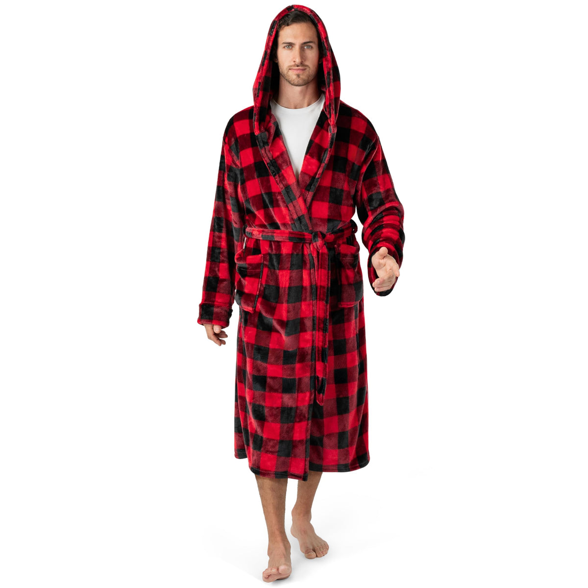 PAVILIA Mens Fleece Robe, Hooded Bathrobe with Shawl Collar, Pockets & Belt