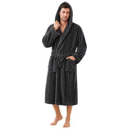 Mens Hooded Plush Robe, Ultra Soft Bathrobe for Men, Warm Cozy Fleece Robe with Pockets
