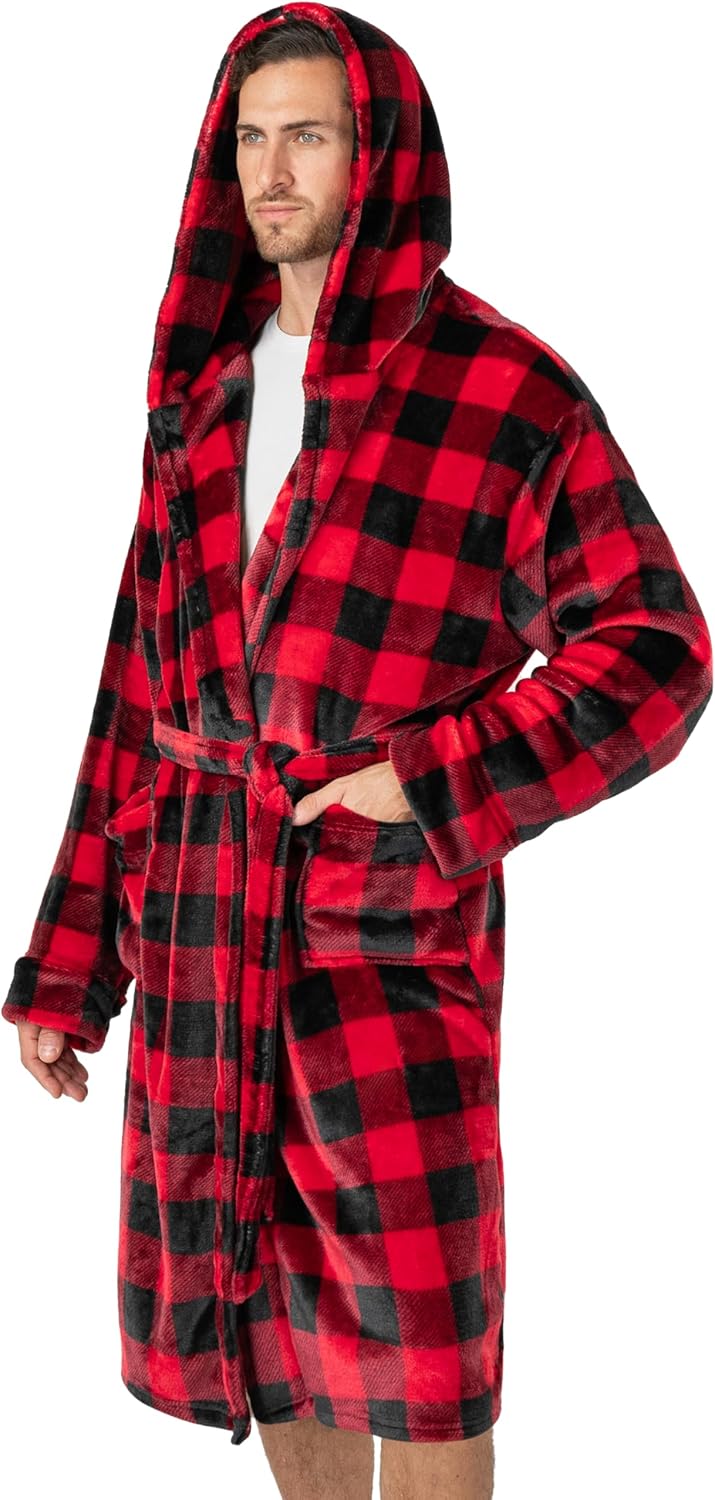 PAVILIA Mens Fleece Robe, Hooded Bathrobe with Shawl Collar, Pockets & Belt