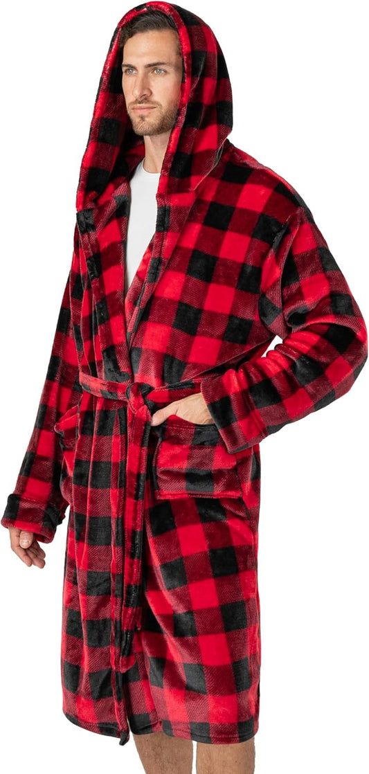 PAVILIA Mens Fleece Robe, Hooded Bathrobe with Shawl Collar, Pockets & Belt
