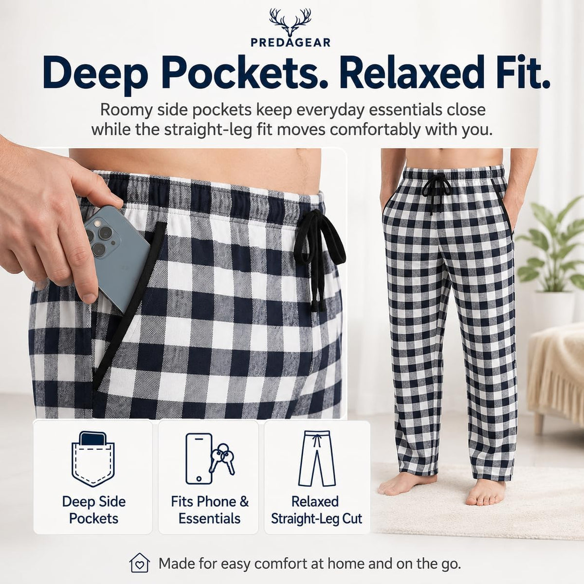 Mens Pajama Pants 3-Pack Ultra-Soft Cotton Sleep & Lounge Bottoms with Pockets Elastic Waist