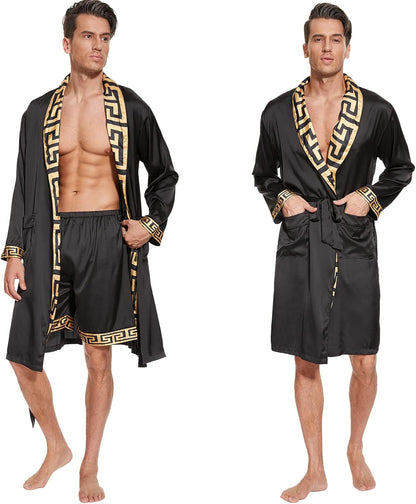 N&D Eyong Men's Luxurious Silk Feeling Bathrobes Long Sleeve Satin Kimono Robe with Shorts Sleepwear Set Printed Bathrobes…