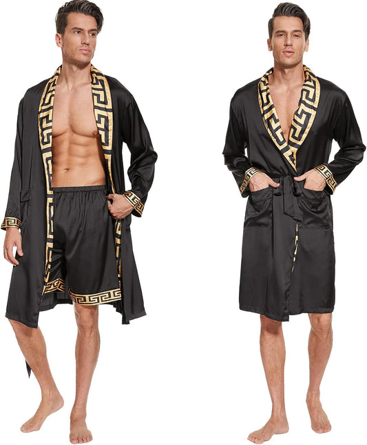 N&D Eyong Men's Luxurious Silk Feeling Bathrobes Long Sleeve Satin Kimono Robe with Shorts Sleepwear Set Printed Bathrobes…