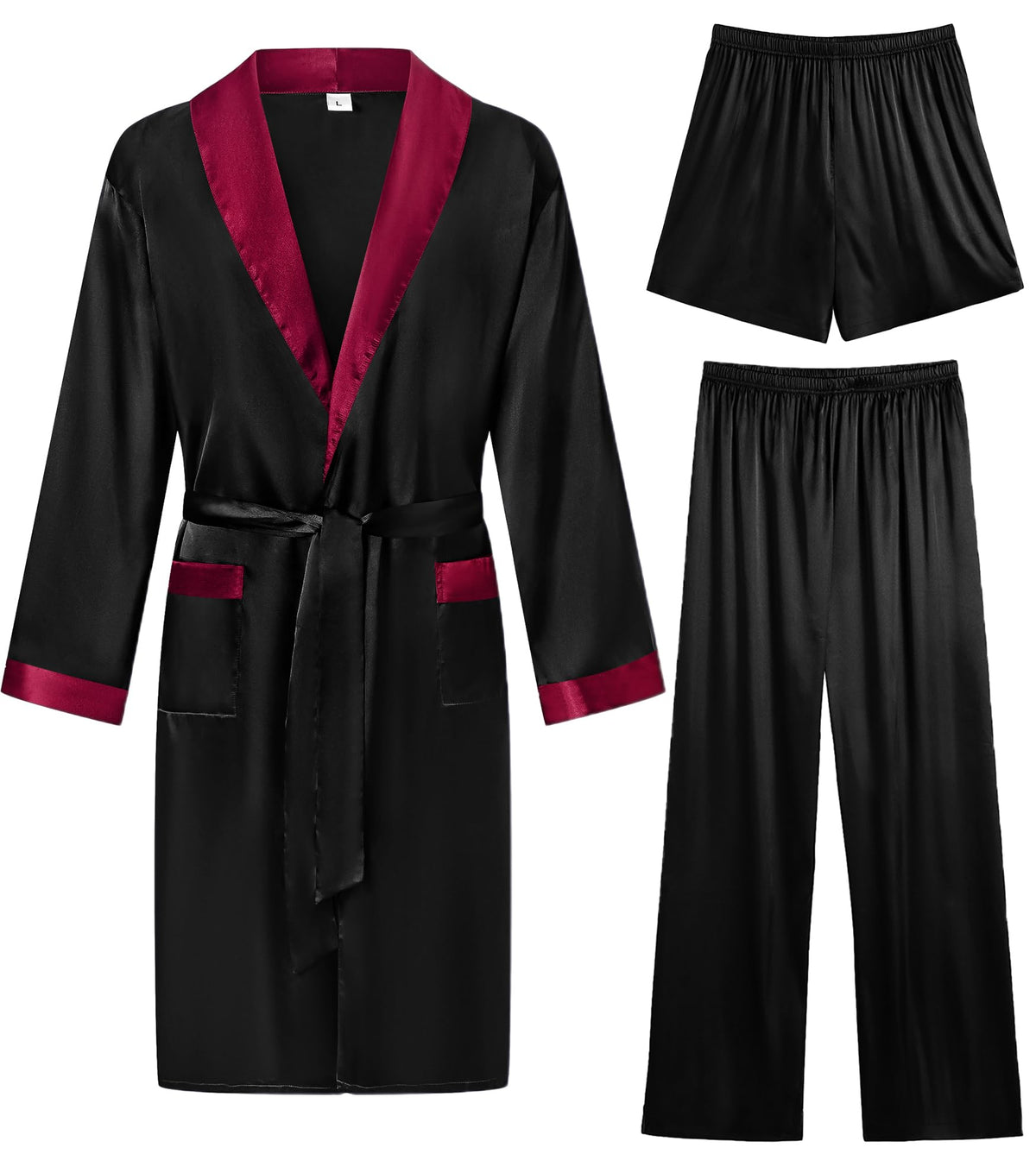 SWOMOG Men's 3 Pcs Robe Silk Satin Kimono Bathrobe with Shorts&Pants Set Lightweight Soft Sleepwear