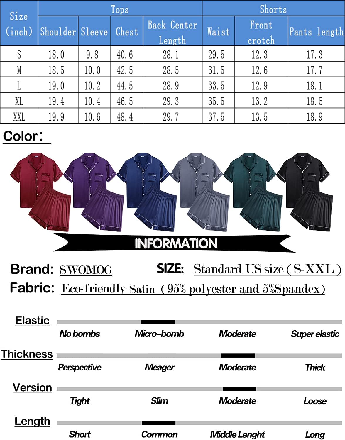 SWOMOG Men Satin Silk Pajamas Sets Short Sleeve Sleepwear Button-Down PJs Sets Two-Pieces Loungewear with Pockets