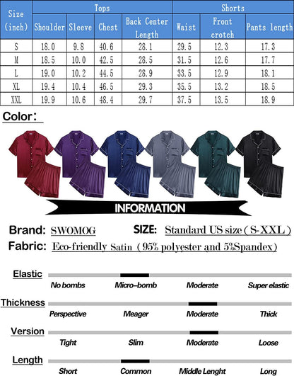 SWOMOG Men Satin Silk Pajamas Sets Short Sleeve Sleepwear Button-Down PJs Sets Two-Pieces Loungewear with Pockets