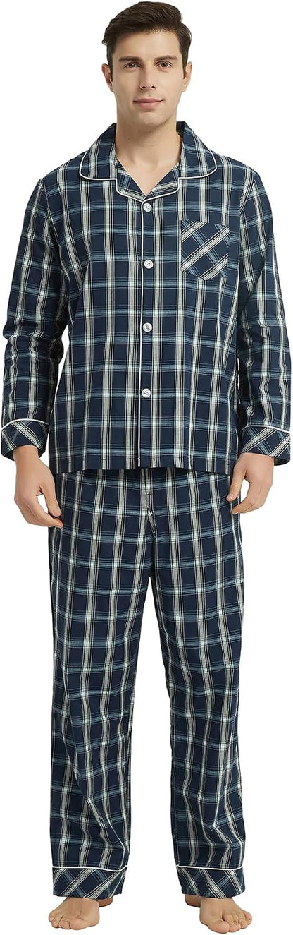 Vulcanodon Mens Cotton Pajama Set, Plaid Button Down Woven Sleepwear