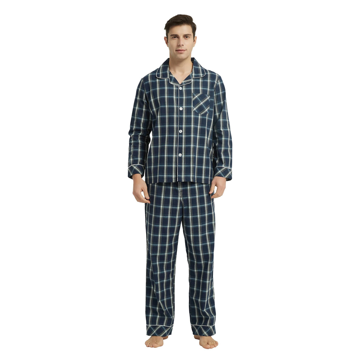 Vulcanodon Mens Cotton Pajama Set, Plaid Button Down Woven Sleepwear