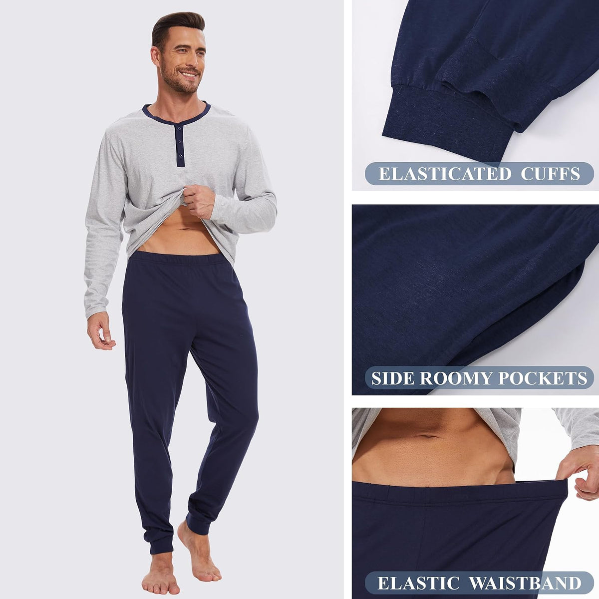 Men's 100% Cotton Henley Pajama Set 2-Piece Lounge Sleepwear