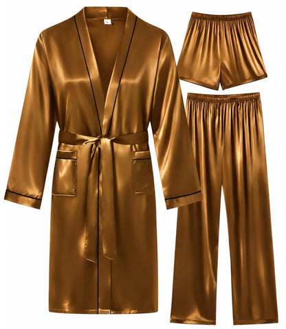 SWOMOG Mens 3 PCS Satin Robe with Pants & Shorts Set Kimono Bathrobe Long Sleeve Sleepwear Pjs Sets with Pockets