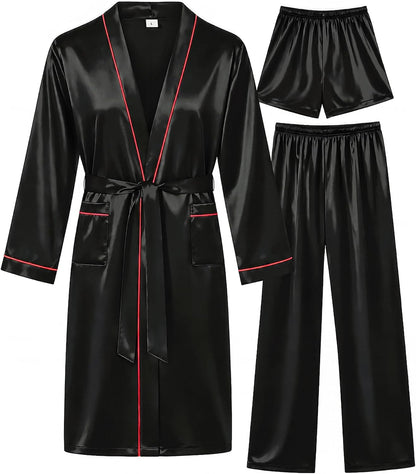 SWOMOG Mens 3 PCS Satin Robe with Pants & Shorts Set Kimono Bathrobe Long Sleeve Sleepwear Pjs Sets with Pockets