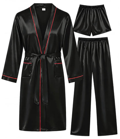 SWOMOG Mens 3 PCS Satin Robe with Pants & Shorts Set Kimono Bathrobe Long Sleeve Sleepwear Pjs Sets with Pockets