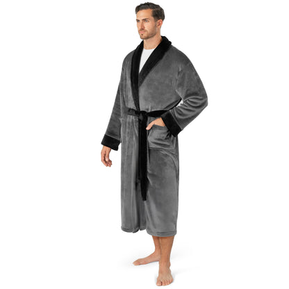 PAVILIA Mens Fleece Robe, Warm Bathrobe with Shawl Collar, Pockets & Belt