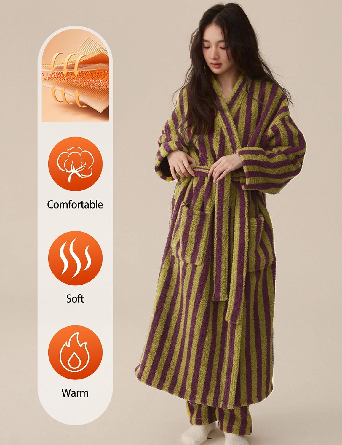 Arssm Womens Striped Fluffy Robe Long Plush Fuzzy Warm Bathrobes