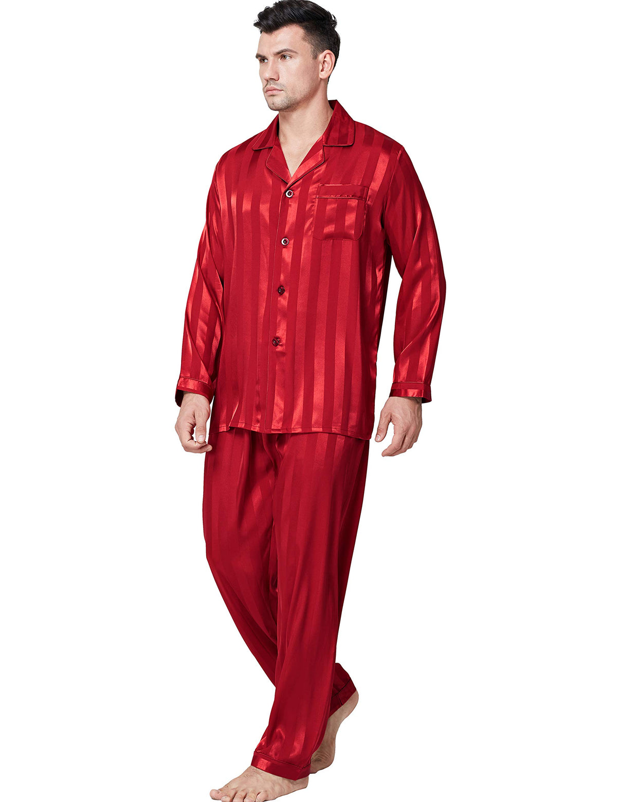 Lonxu Pajamas Set Mens Silk Satin Pajamas Long Sleeve Loungewear Two-Piece Sleepwear Button-Down Pj Set S-XXXXL