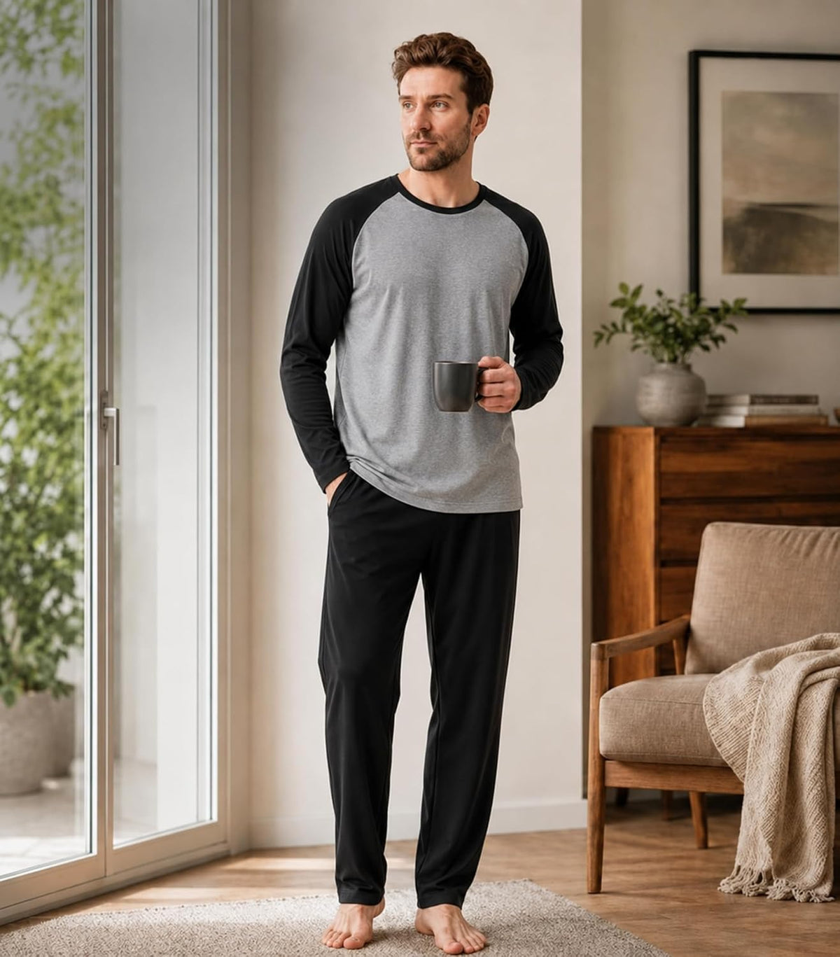 DAVID ARCHY Mens Pajama Set Long Sleeve PJs, Soft Lightweight Sleepwear with Pockets, Comfortable Loungewear for Sleeping