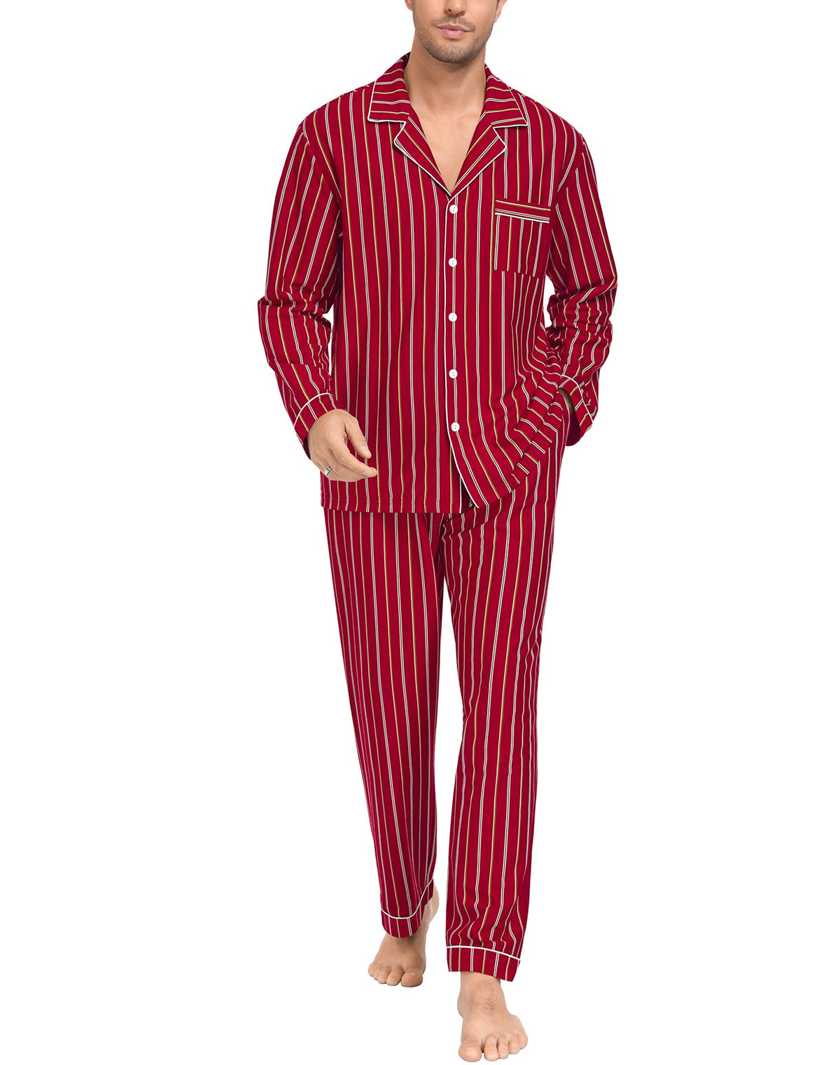 SWOMOG Mens 100% Cotton Pajama Sets, Soft Long Sleeve Sleepwear Pjs Sets