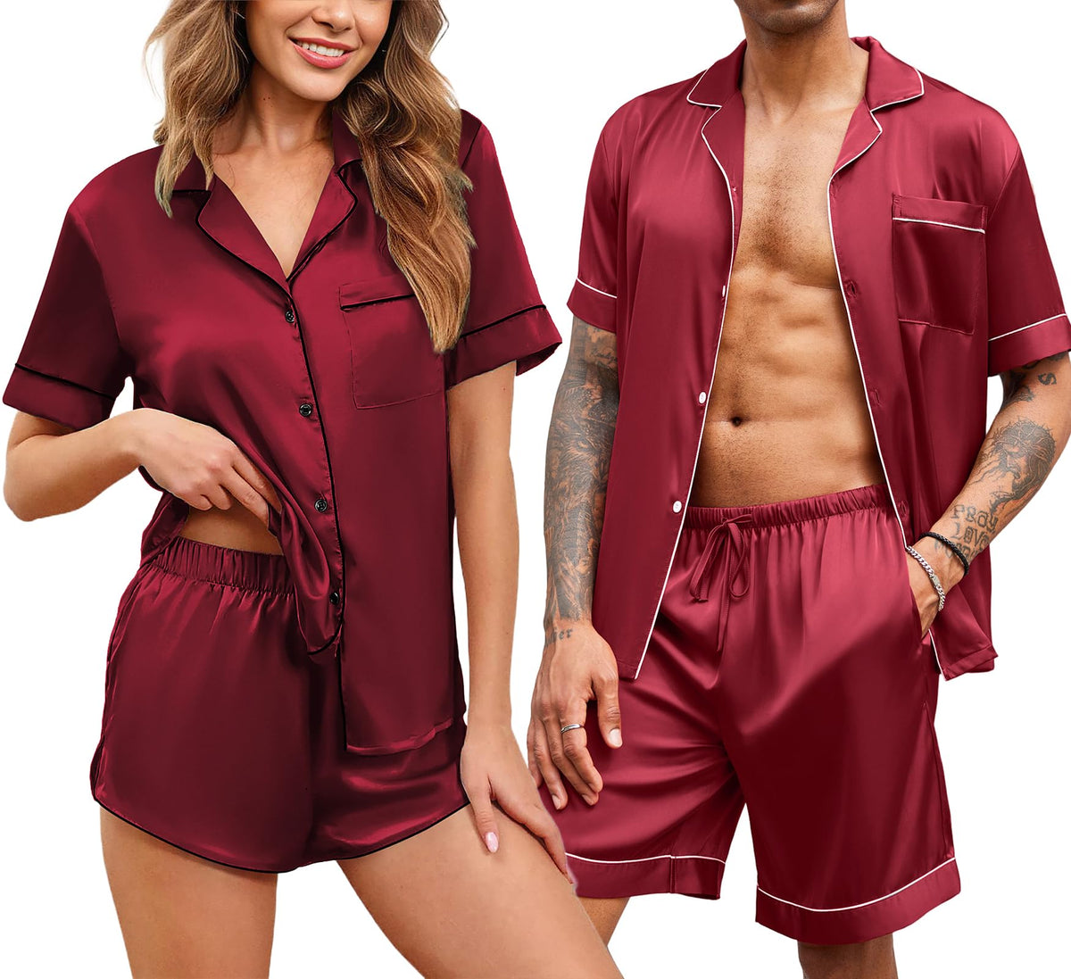 Ekouaer Couple Matching Pajamas Sets Silk Satin Button Sleepwear S-XXL