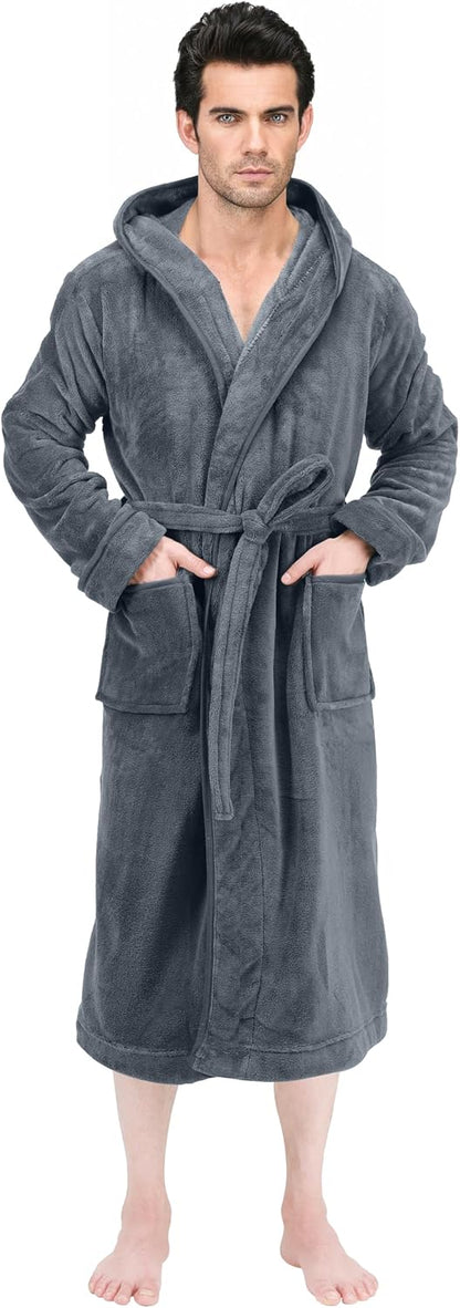 Luxury Ultra Soft Mens Robe with Hood Plush Fleece Long Bathrobe