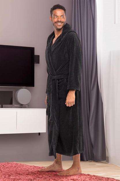 Men's Plush Fleece Hooded Robe with Pockets, Long Bathrobe