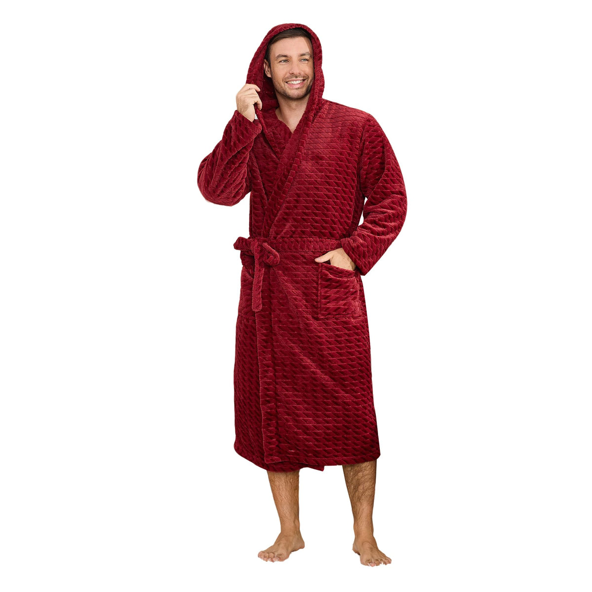 U2SKIIN Mens Plush Fleece Hooded Robe, Soft Warm Long Bathrobe with Pockets, Cozy Spa Shower Robe for Men