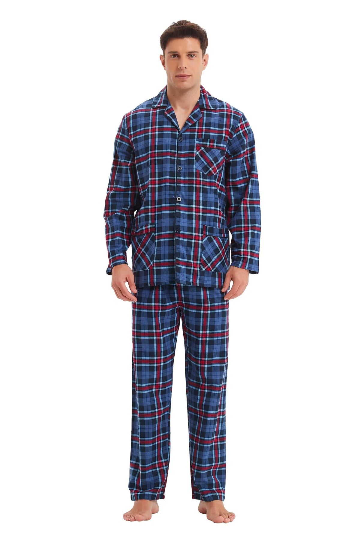 GLOBAL Men's Pajamas Sets 100% Cotton Flannel Sleepwear Long-Sleeve top & Bottom