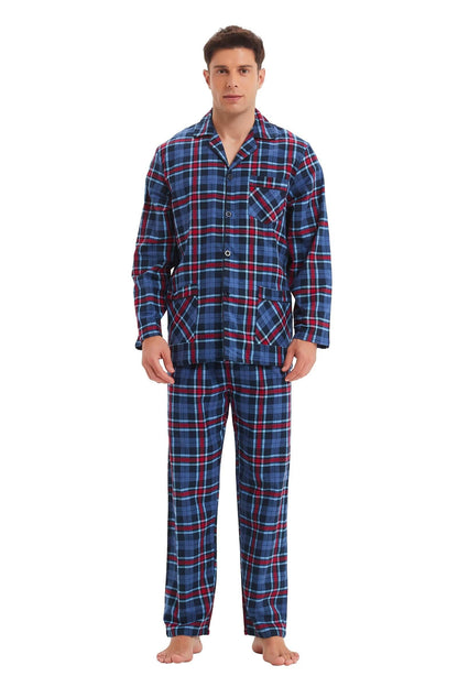 GLOBAL Men's Pajamas Sets 100% Cotton Flannel Sleepwear Long-Sleeve top & Bottom