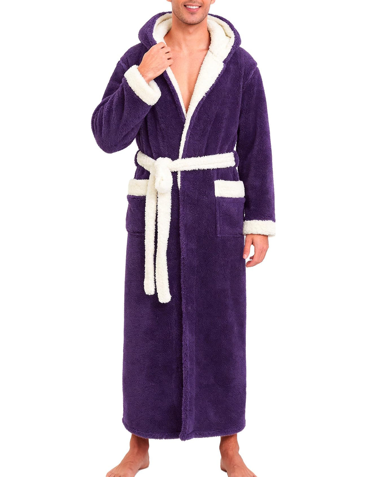 Kissonic Mens Hooded Robe Full Length Plush Warm Fluffy Winter Bathrobe
