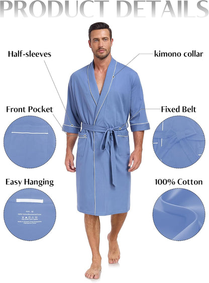 EA'S SECRET 100% Cotton Men's Lightweight Robe Summer Short Sleeve Bathrobe Soft Knee Length Robe with Pockets