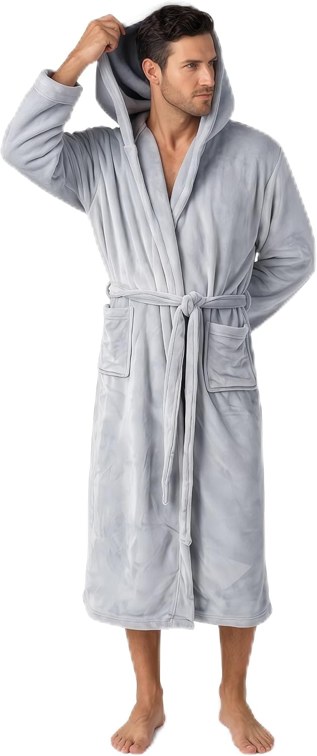 Men's Hooded Plush Fleece Bathrobe, Soft Warm Quick Dry Water Absorbent Spa House Coat Nightgown with Pockets