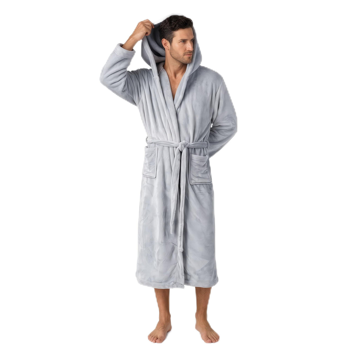 Men's Hooded Plush Fleece Bathrobe, Soft Warm Quick Dry Water Absorbent Spa House Coat Nightgown with Pockets