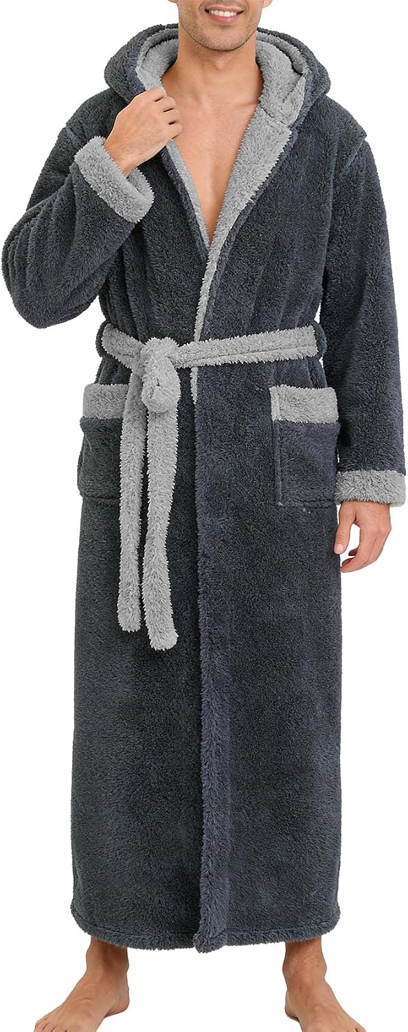 Kissonic Mens Hooded Robe Full Length Plush Warm Fluffy Winter Bathrobe