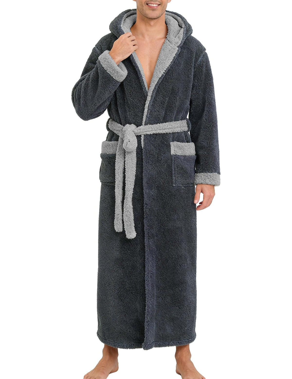 Kissonic Mens Hooded Robe Full Length Plush Warm Fluffy Winter Bathrobe