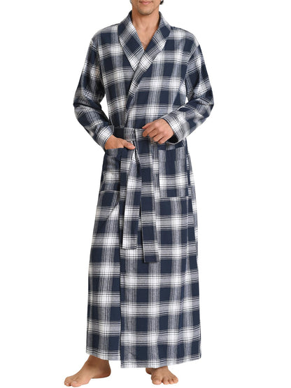Latuza Men's Cotton Flannel Long Robe Full Length Plaid Bathrobe