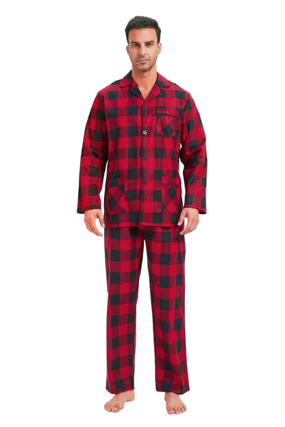 GLOBAL Men's Pajamas Sets 100% Cotton Flannel Sleepwear Long-Sleeve top & Bottom