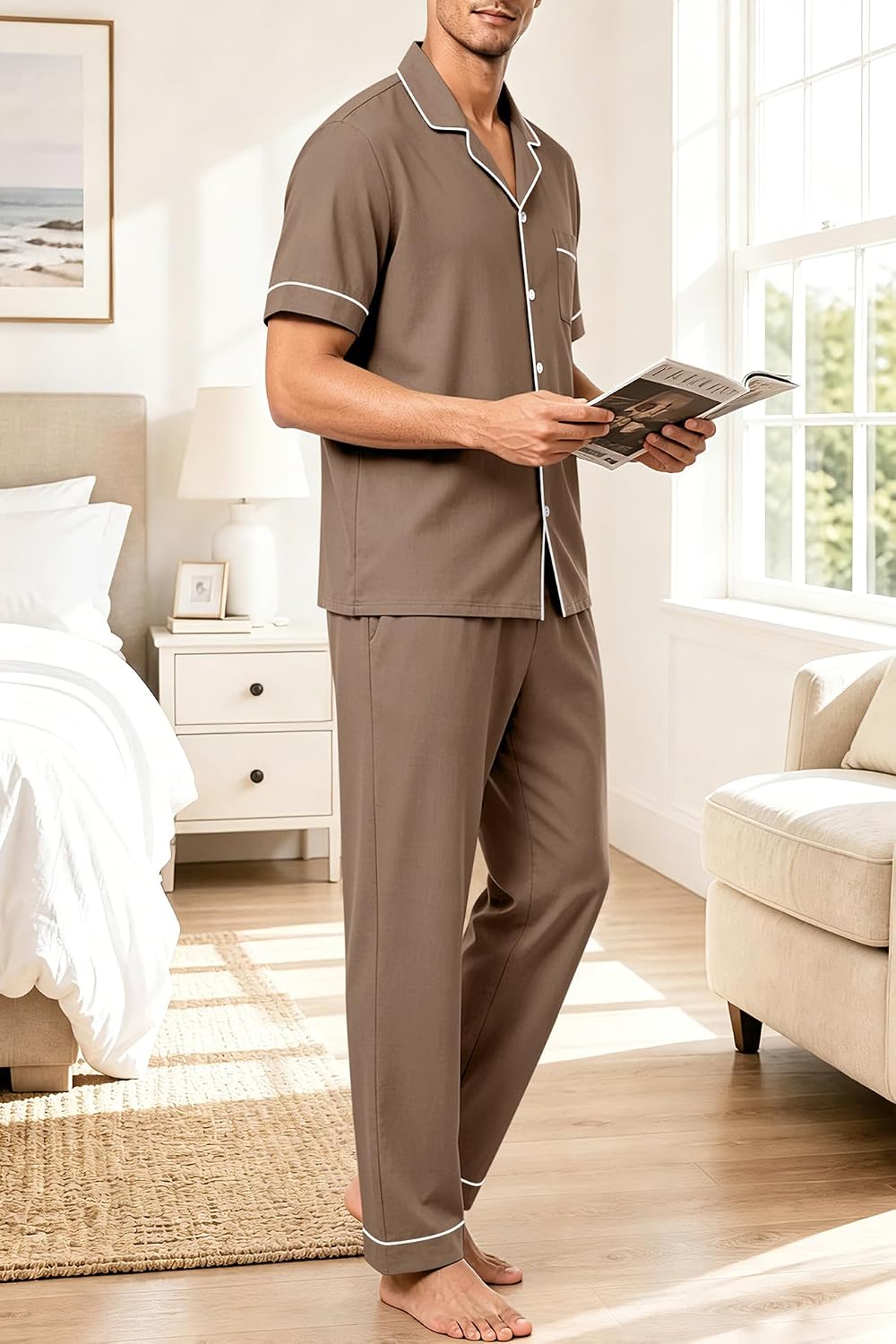 SWOMOG 100% Cotton Men Pajamas Set Button Down Short Sleeve Sleepwear Loungewear Pjs Set with Pockets