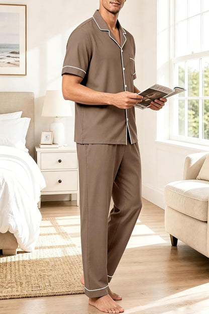 SWOMOG 100% Cotton Men Pajamas Set Button Down Short Sleeve Sleepwear Loungewear Pjs Set with Pockets
