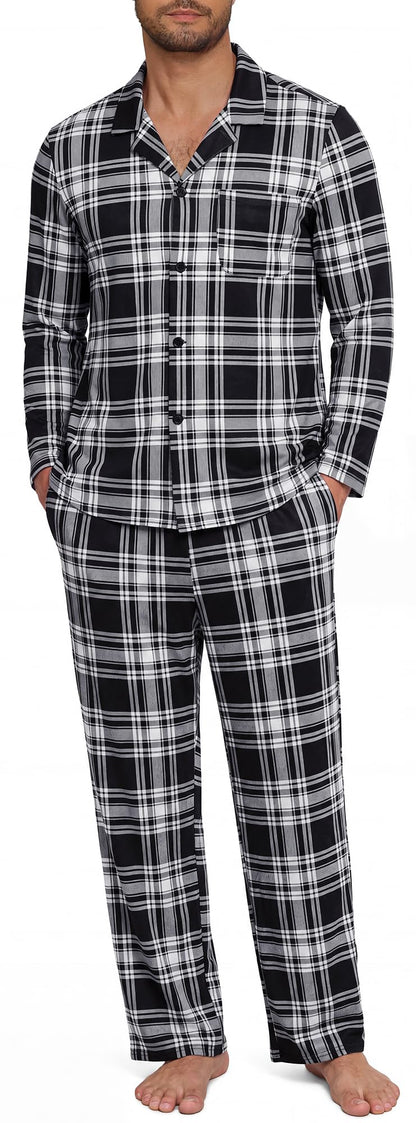 NITAGUT Mens Plaid Pajama Set Long Sleeve Button Down Casual Sleepwear