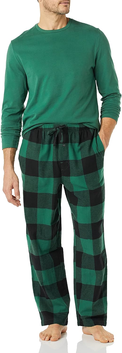 Amazon Essentials Men's 100% Cotton Flannel Pant and Long-Sleeve T-Shirt Pajama Set