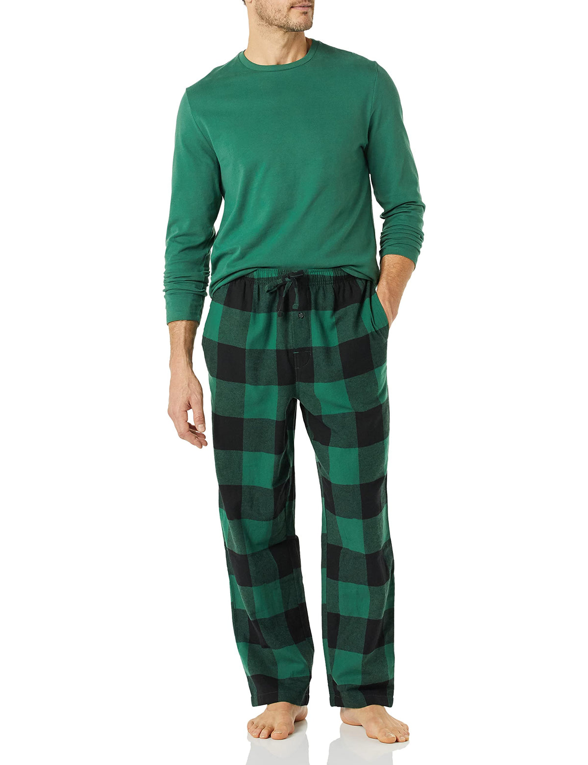 Amazon Essentials Men's 100% Cotton Flannel Pant and Long-Sleeve T-Shirt Pajama Set