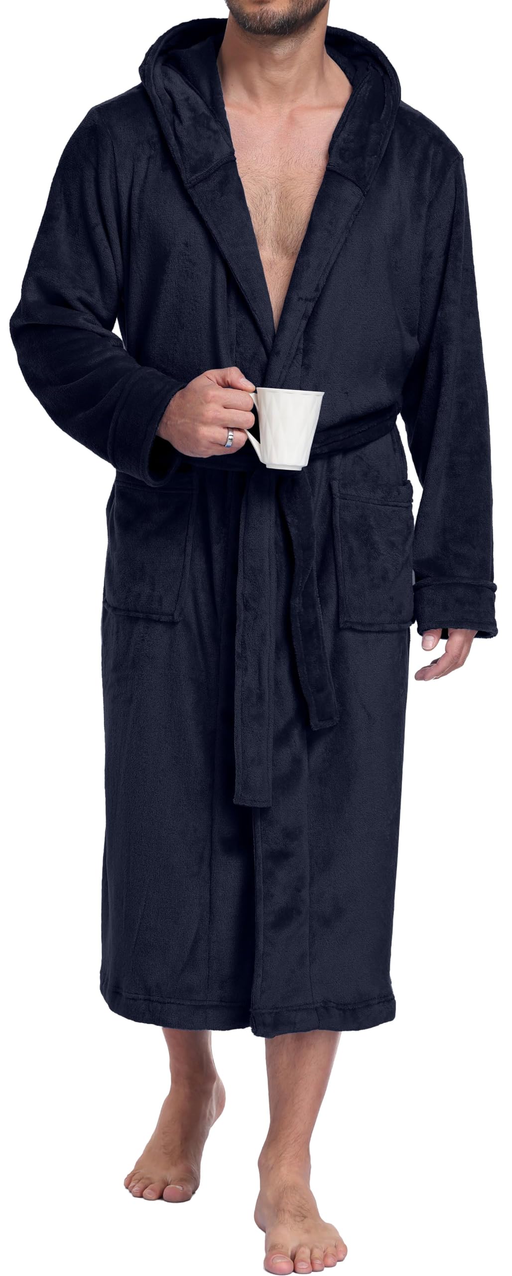 PrinStory Mens Hooded Robe Plush Fleece Robes Soft Long Bathrobe