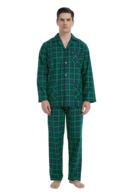 GLOBAL Men's Pajamas Sets 100% Cotton Flannel Sleepwear Long-Sleeve top & Bottom