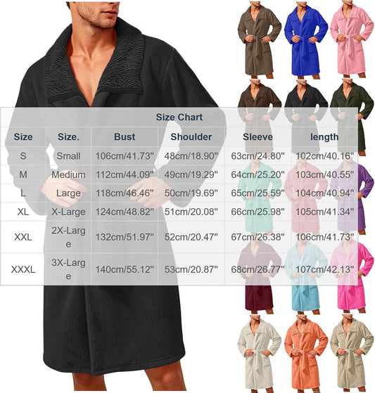 Robe for Men Fuzzy Fleece Collared Long Sleeve Thermal Bathrobe